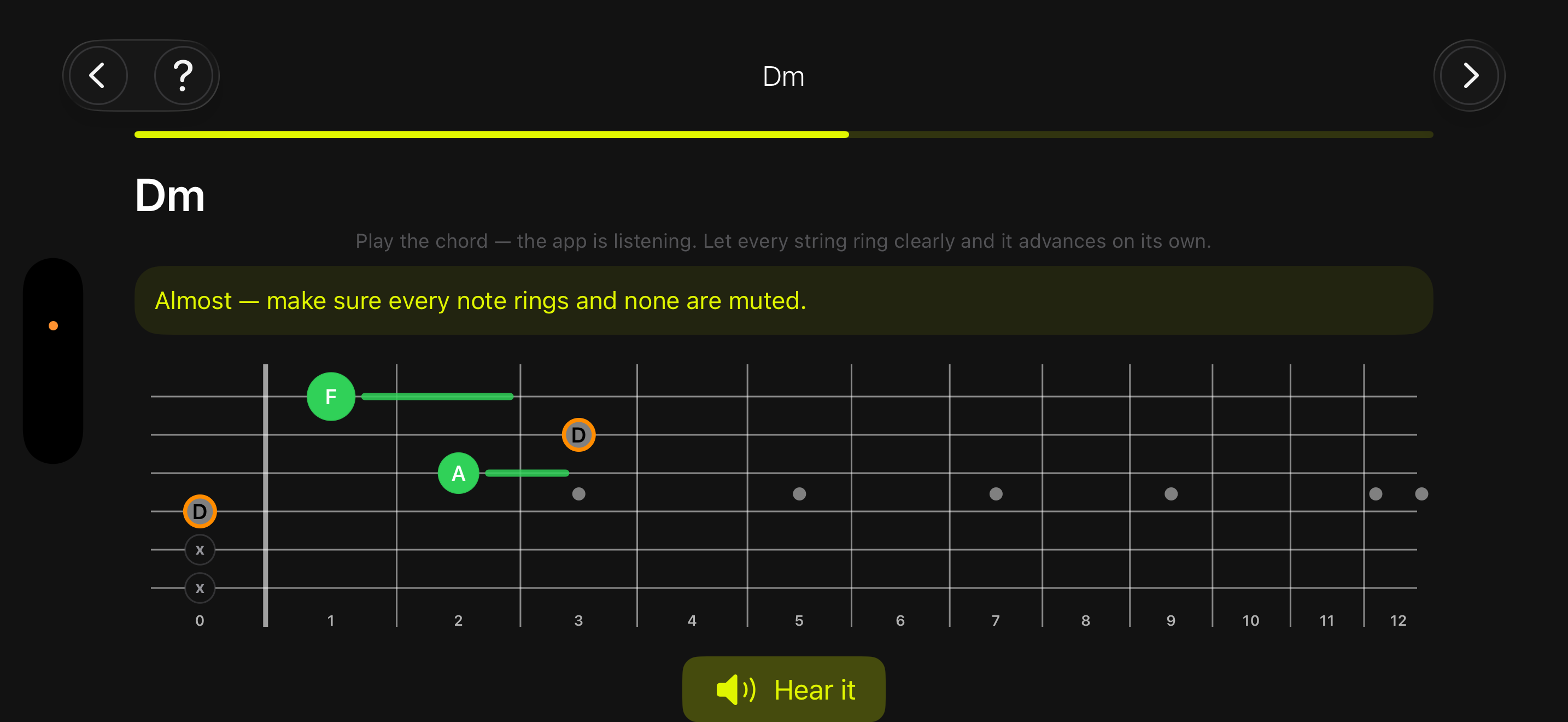 A Dm chord lesson: notes light up green as they ring