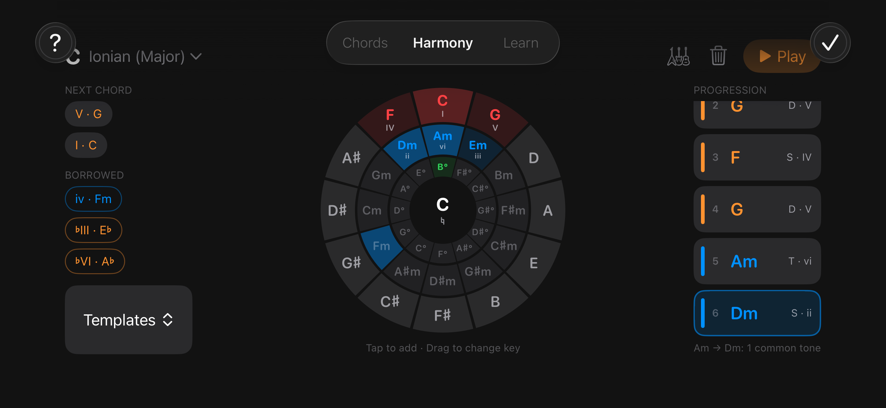 Circle of fifths with a chord progression being built
