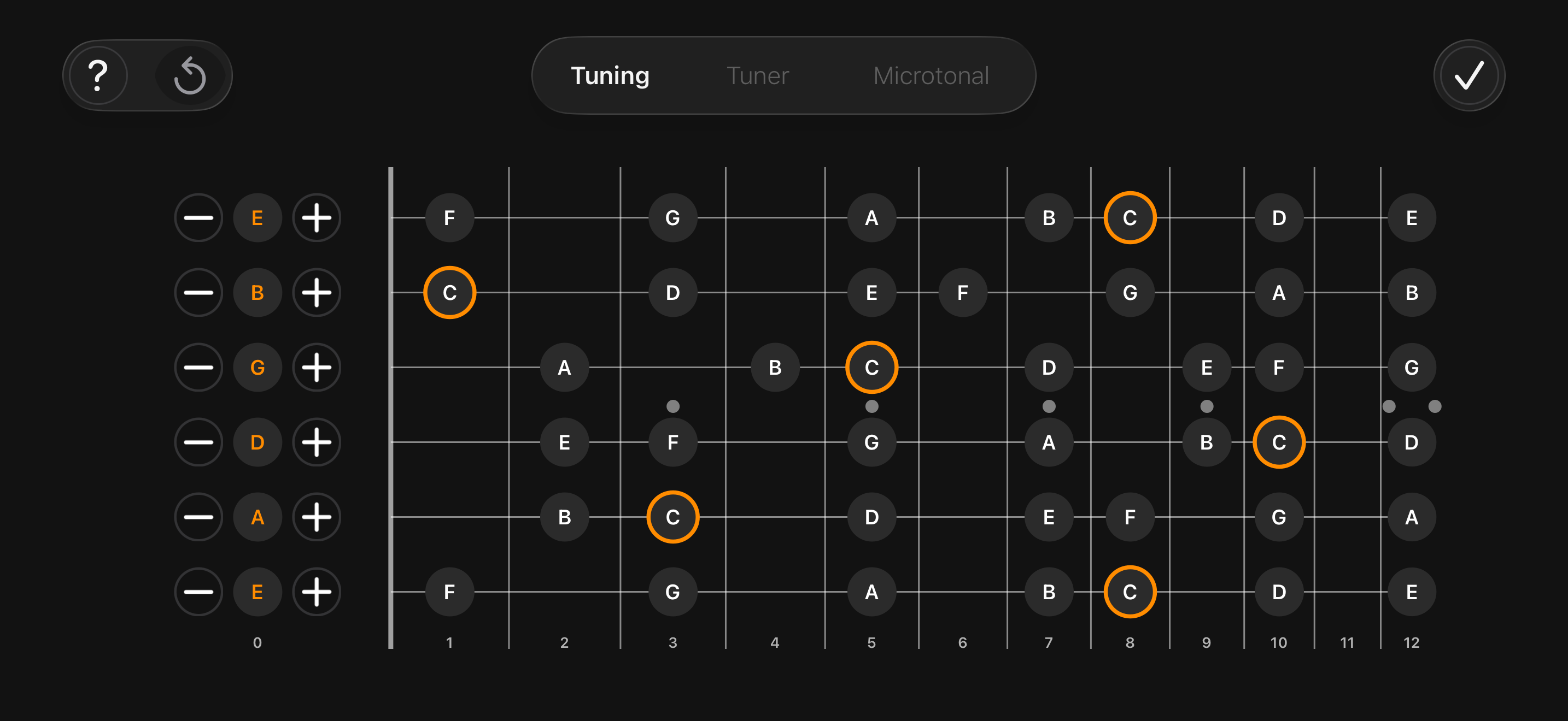 The Tuning tab: each string re-tuned individually, with the neck updating to match